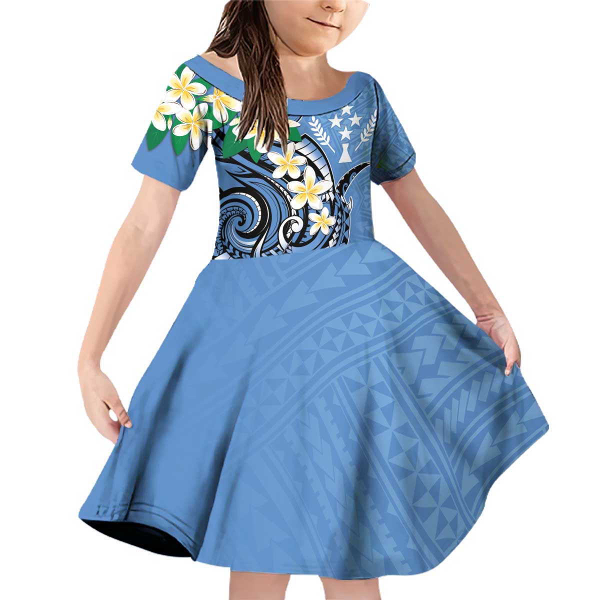 FSM Kosrae Polynesian Shark Tattoo Personalised Family Matching Off Shoulder Short Dress and Hawaiian Shirt LT9 Daughter's Dress Blue - Polynesian Pride