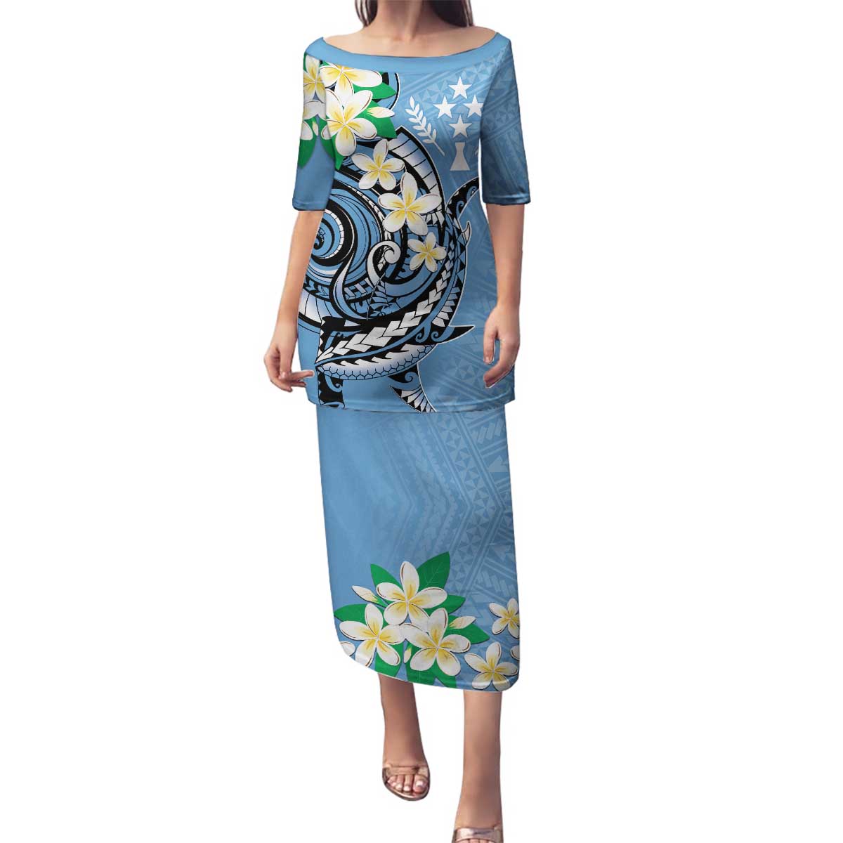 FSM Kosrae Polynesian Shark Tattoo Personalised Family Matching Puletasi and Hawaiian Shirt LT9 Mom's Dress Blue - Polynesian Pride