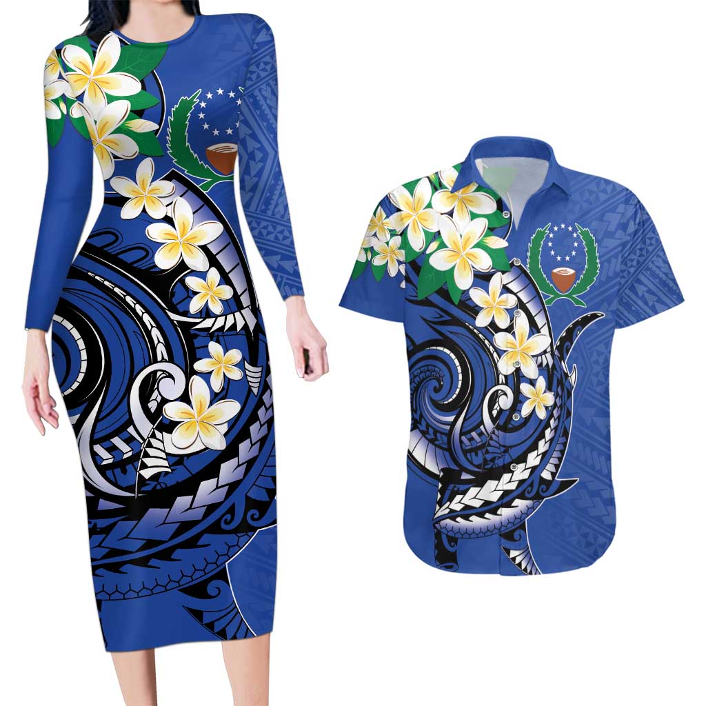 FSM Pohnpei Polynesian Shark Tattoo Personalised Couples Matching Long Sleeve Bodycon Dress and Hawaiian Shirt LT9 Blue - Polynesian Pride