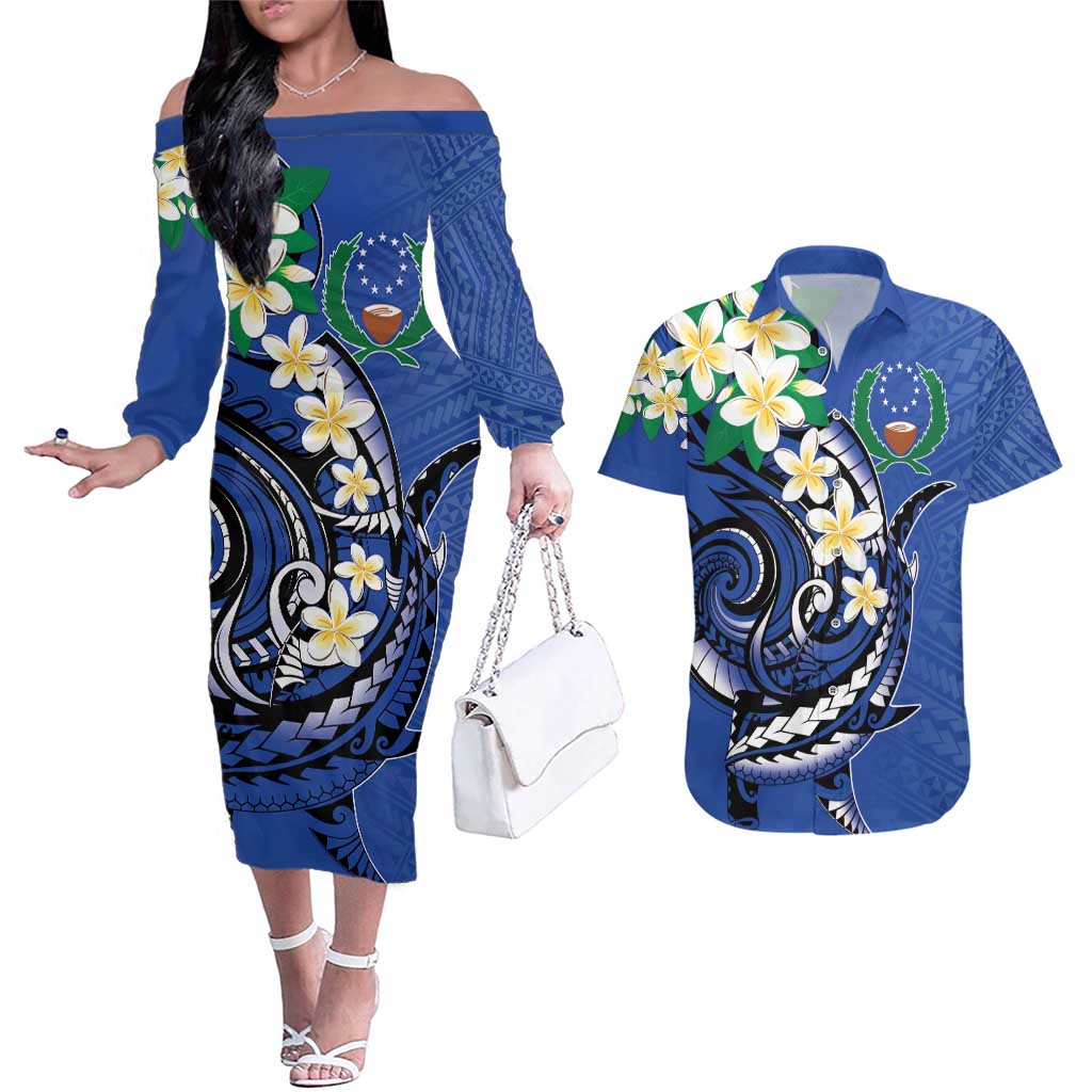 FSM Pohnpei Polynesian Shark Tattoo Personalised Couples Matching Off The Shoulder Long Sleeve Dress and Hawaiian Shirt LT9 Blue - Polynesian Pride