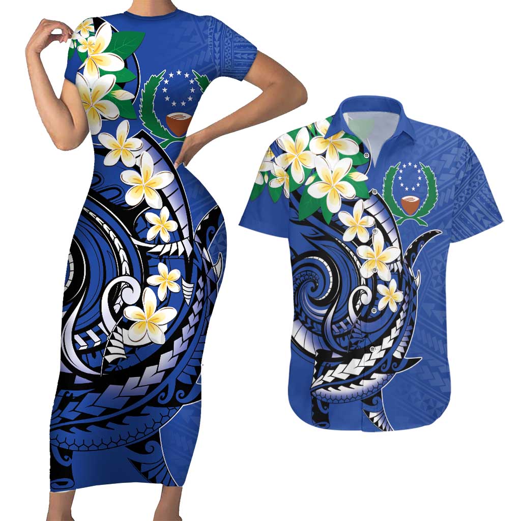 FSM Pohnpei Polynesian Shark Tattoo Personalised Couples Matching Short Sleeve Bodycon Dress and Hawaiian Shirt LT9 Blue - Polynesian Pride