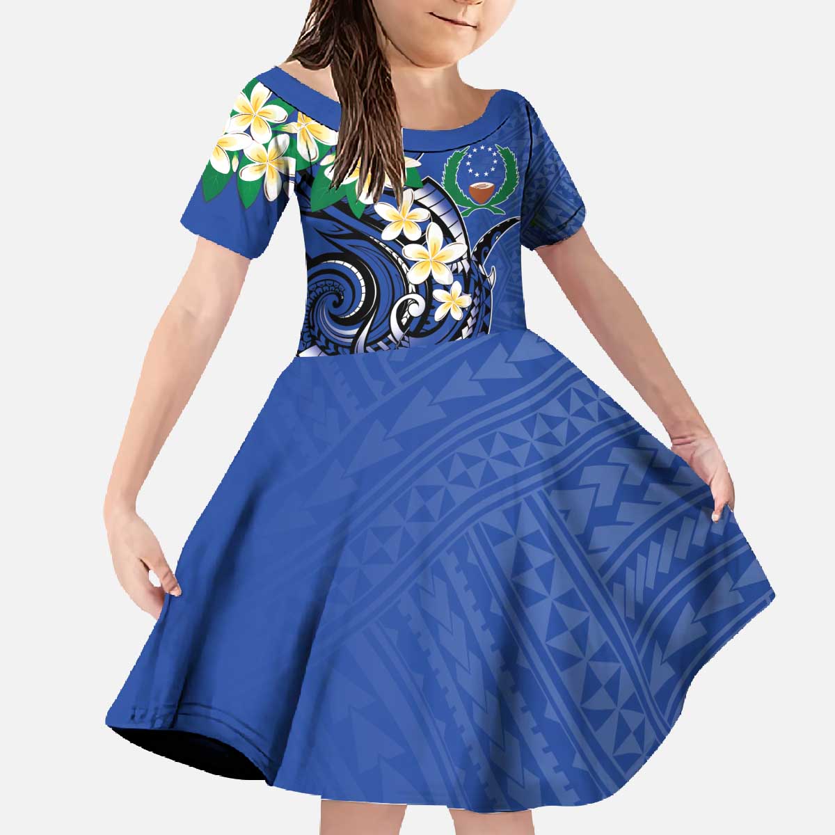 FSM Pohnpei Polynesian Shark Tattoo Personalised Family Matching Off The Shoulder Long Sleeve Dress and Hawaiian Shirt LT9 Daughter's Dress Blue - Polynesian Pride