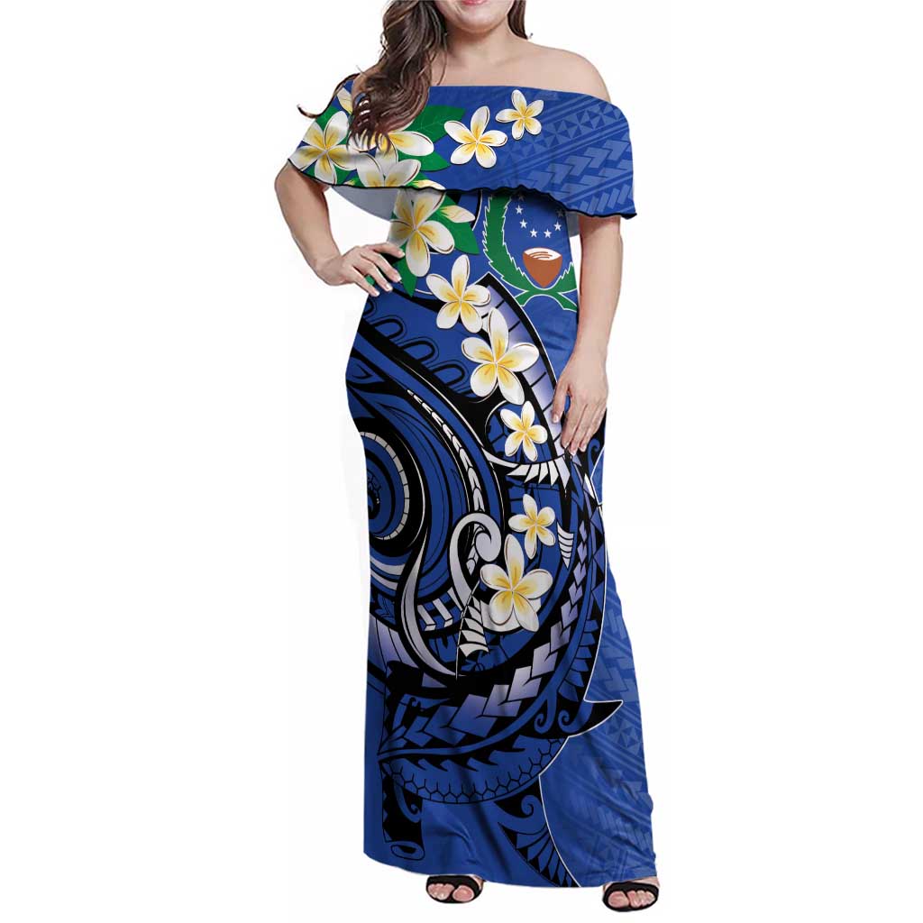 FSM Pohnpei Polynesian Shark Tattoo Personalised Family Matching Off Shoulder Maxi Dress and Hawaiian Shirt LT9 Mom's Dress Blue - Polynesian Pride