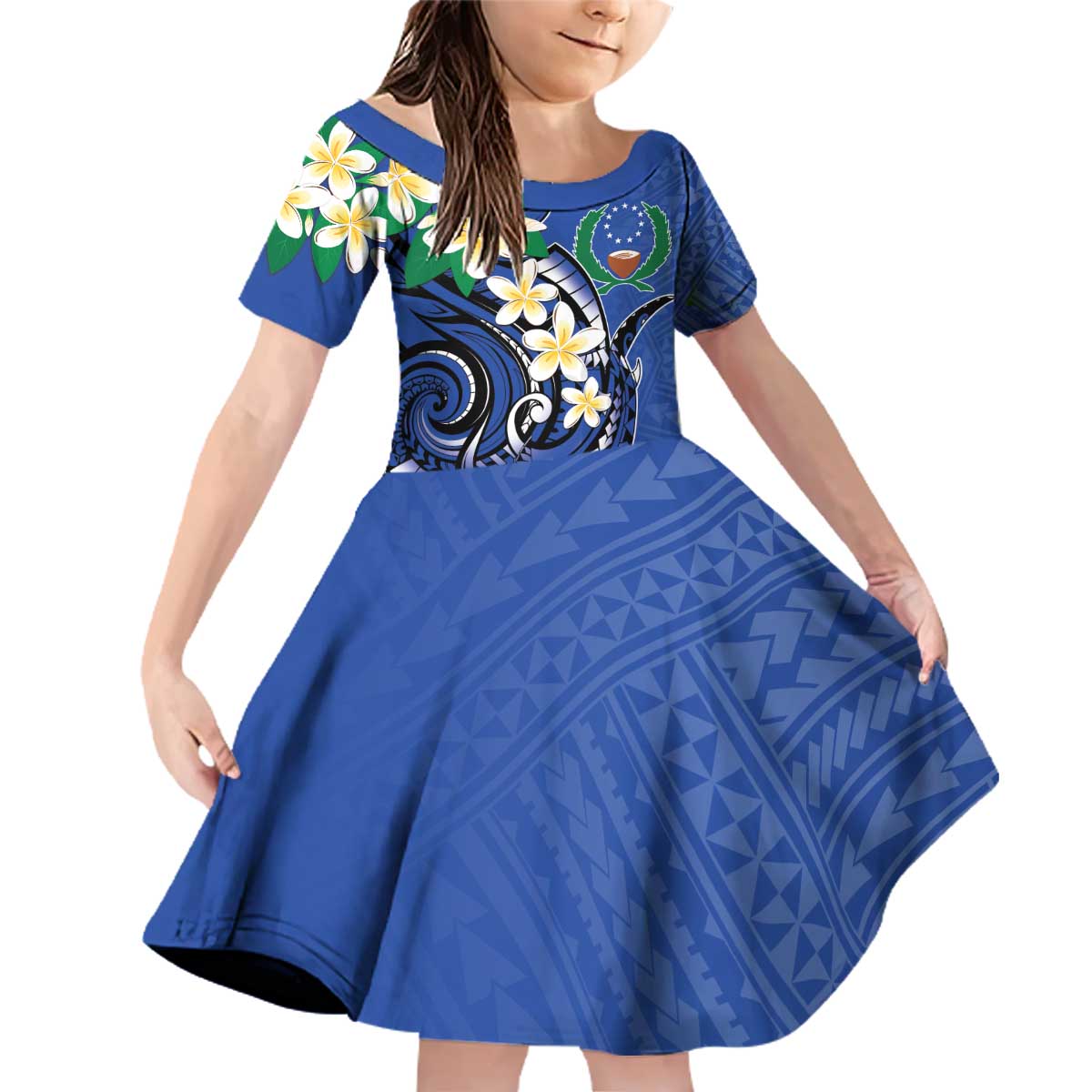FSM Pohnpei Polynesian Shark Tattoo Personalised Family Matching Off Shoulder Short Dress and Hawaiian Shirt LT9 Daughter's Dress Blue - Polynesian Pride