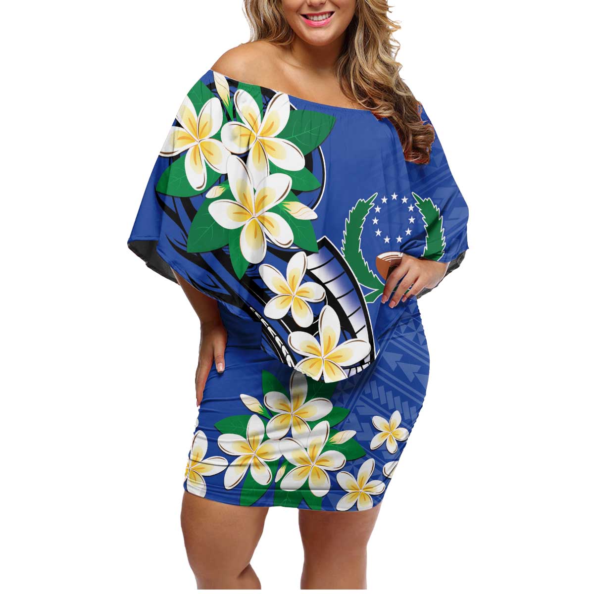 FSM Pohnpei Polynesian Shark Tattoo Personalised Family Matching Off Shoulder Short Dress and Hawaiian Shirt LT9 Mom's Dress Blue - Polynesian Pride