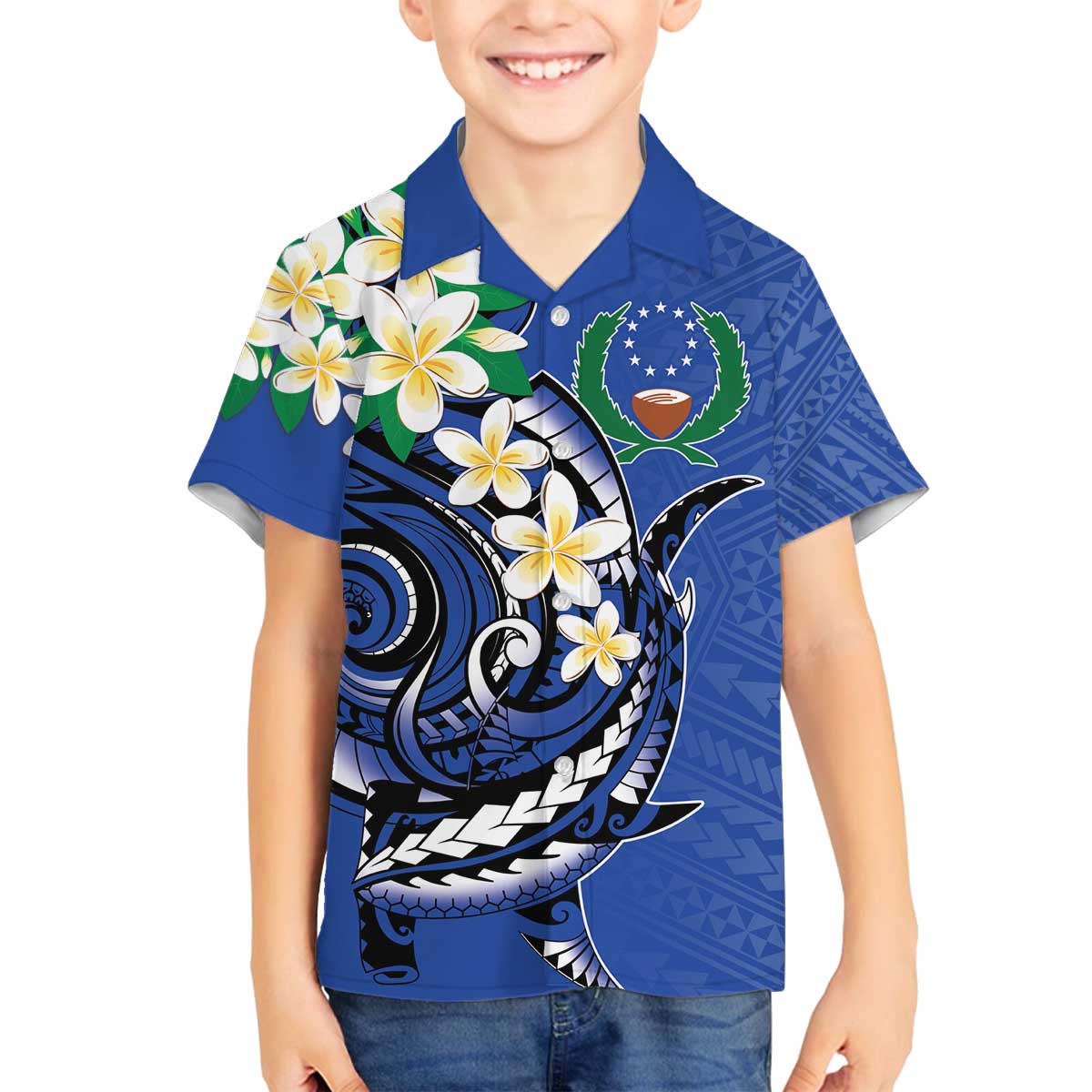 FSM Pohnpei Polynesian Shark Tattoo Personalised Family Matching Puletasi and Hawaiian Shirt LT9 Son's Shirt Blue - Polynesian Pride