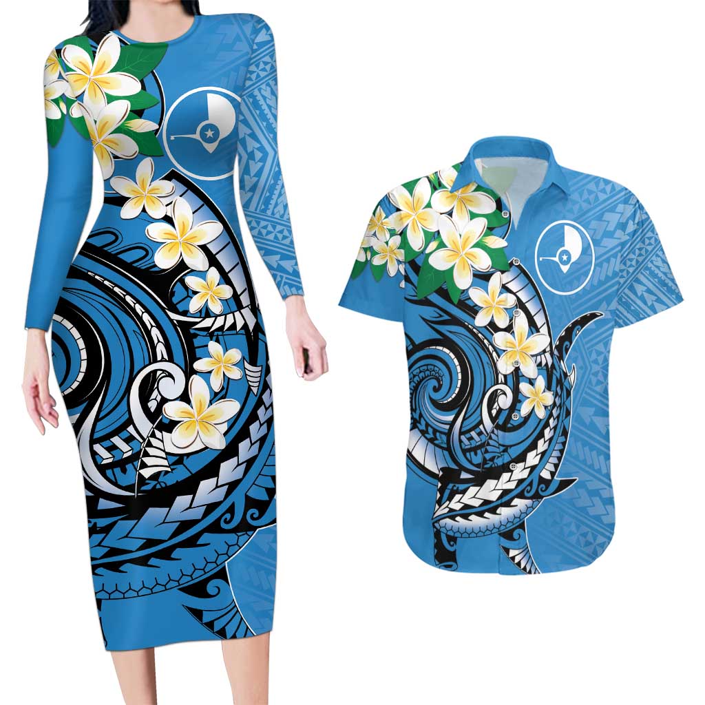 FSM Yap State Polynesian Shark Tattoo Personalised Couples Matching Long Sleeve Bodycon Dress and Hawaiian Shirt LT9 Blue - Polynesian Pride