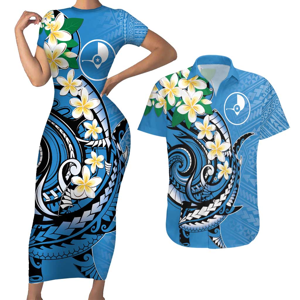 FSM Yap State Polynesian Shark Tattoo Personalised Couples Matching Short Sleeve Bodycon Dress and Hawaiian Shirt LT9 Blue - Polynesian Pride
