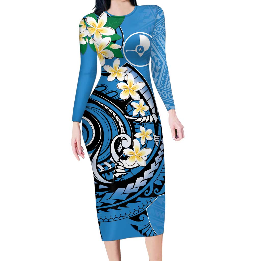 FSM Yap State Polynesian Shark Tattoo Personalised Family Matching Long Sleeve Bodycon Dress and Hawaiian Shirt LT9 Mom's Dress Blue - Polynesian Pride