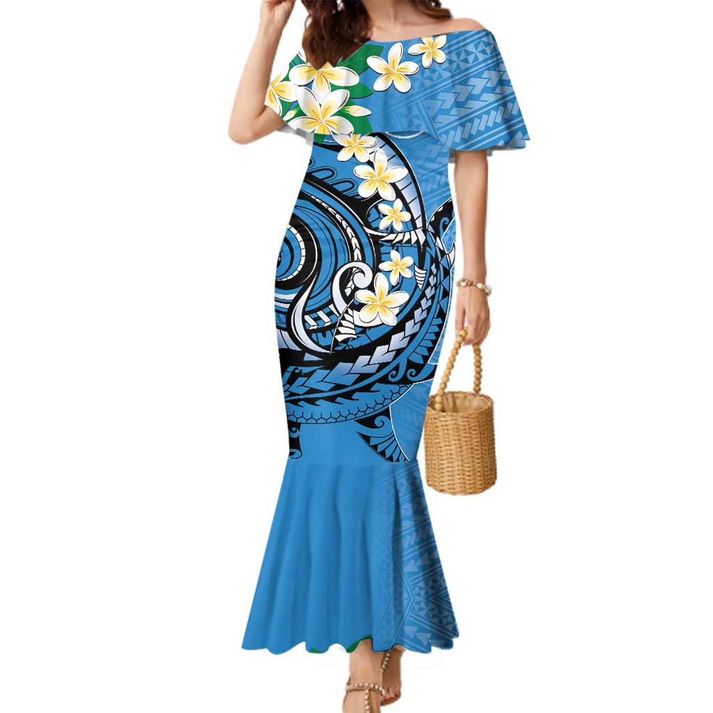 FSM Yap State Polynesian Shark Tattoo Personalised Family Matching Mermaid Dress and Hawaiian Shirt LT9 Mom's Dress Blue - Polynesian Pride