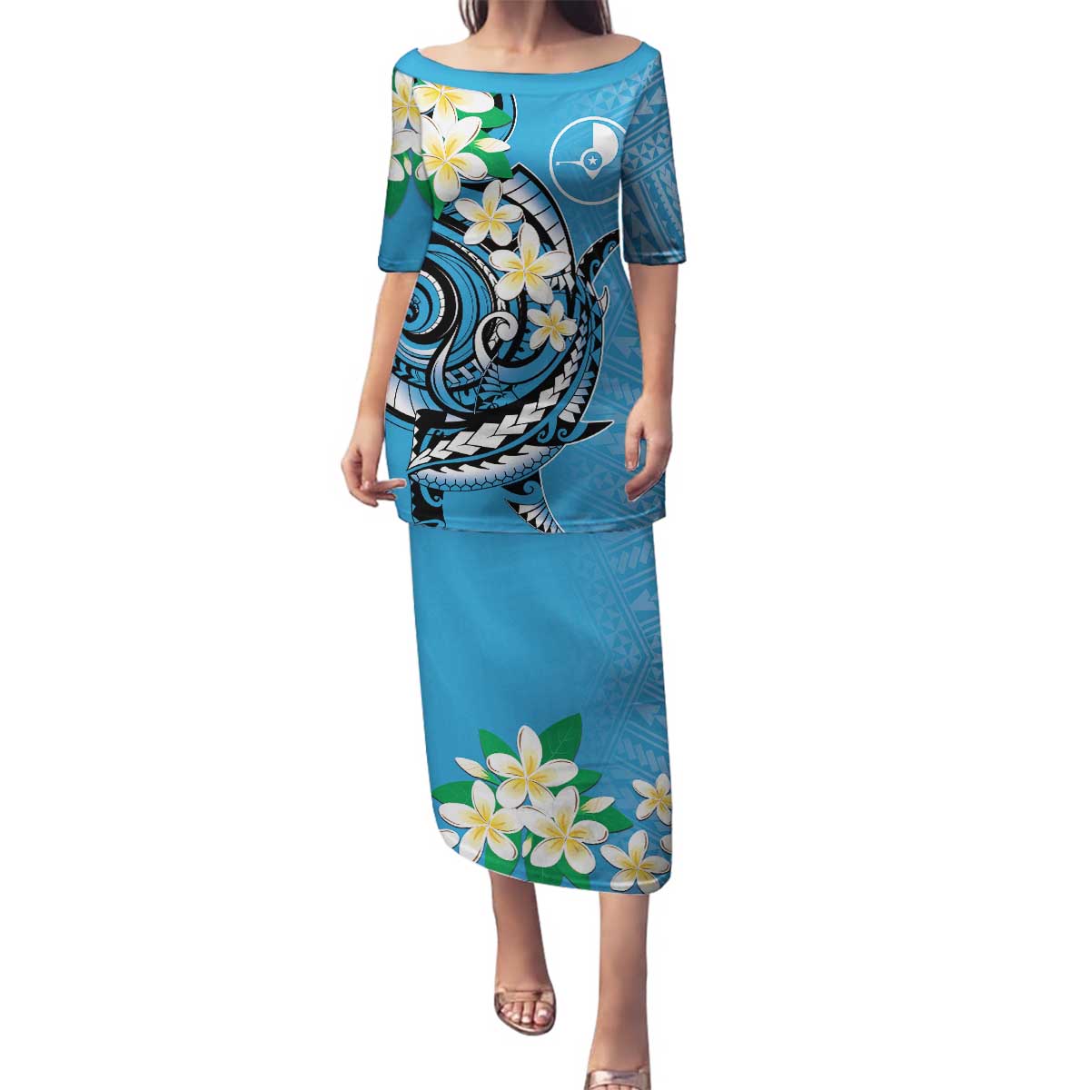 FSM Yap State Polynesian Shark Tattoo Personalised Family Matching Puletasi and Hawaiian Shirt LT9 Mom's Dress Blue - Polynesian Pride