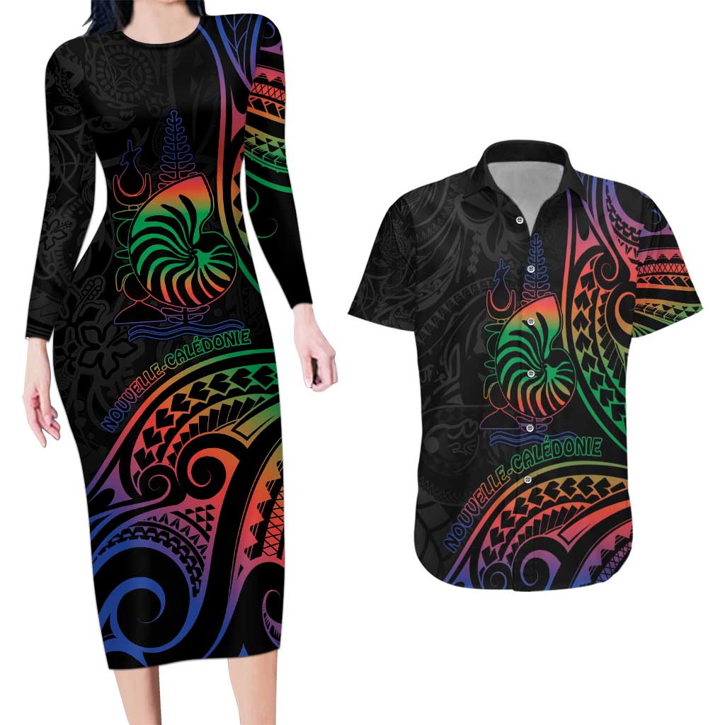New Caledonia Polynesian Tatoo Personalised Couples Matching Long Sleeve Bodycon Dress and Hawaiian Shirt LT9 Black - Polynesian Pride
