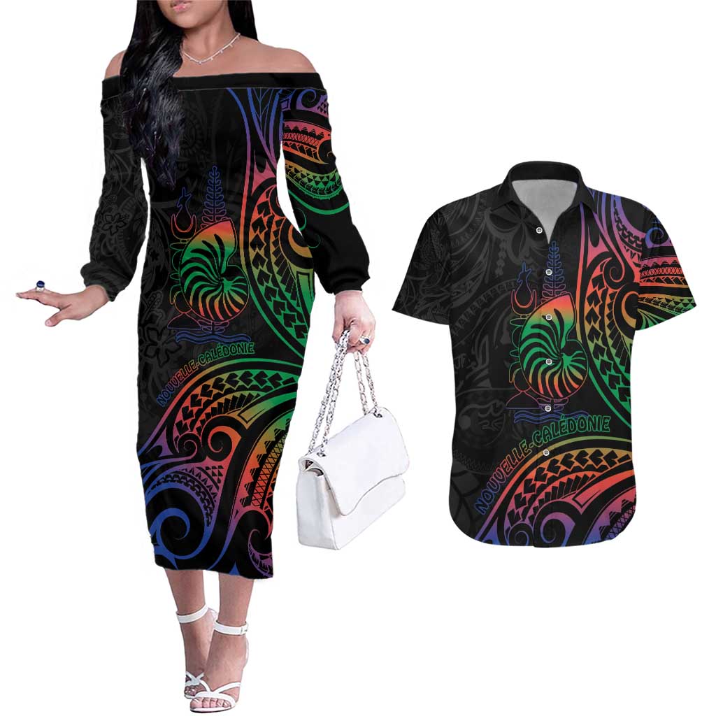 New Caledonia Polynesian Tatoo Personalised Couples Matching Off The Shoulder Long Sleeve Dress and Hawaiian Shirt LT9 Black - Polynesian Pride