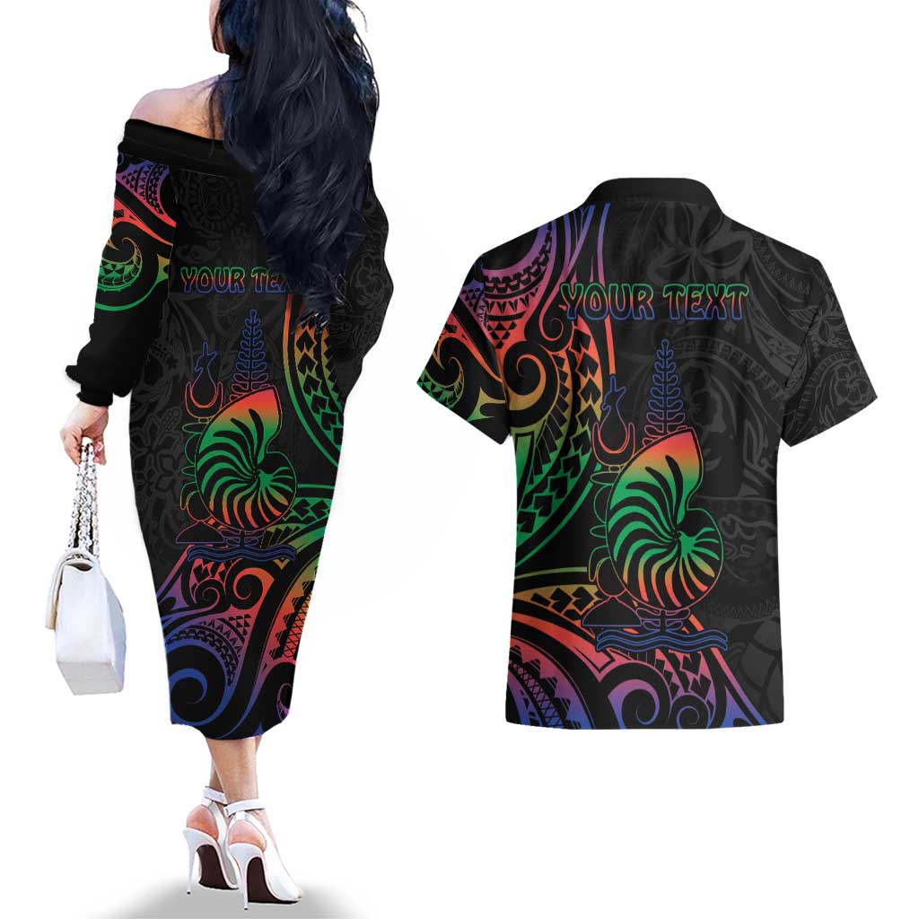 New Caledonia Polynesian Tatoo Personalised Couples Matching Off The Shoulder Long Sleeve Dress and Hawaiian Shirt LT9 - Polynesian Pride