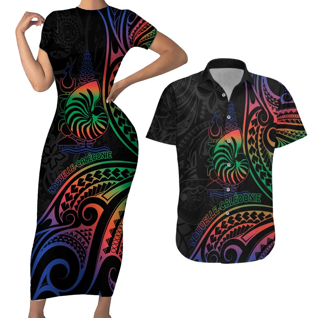 New Caledonia Polynesian Tatoo Personalised Couples Matching Short Sleeve Bodycon Dress and Hawaiian Shirt LT9 Black - Polynesian Pride