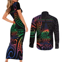 New Caledonia Polynesian Tatoo Personalised Couples Matching Short Sleeve Bodycon Dress and Long Sleeve Button Shirt