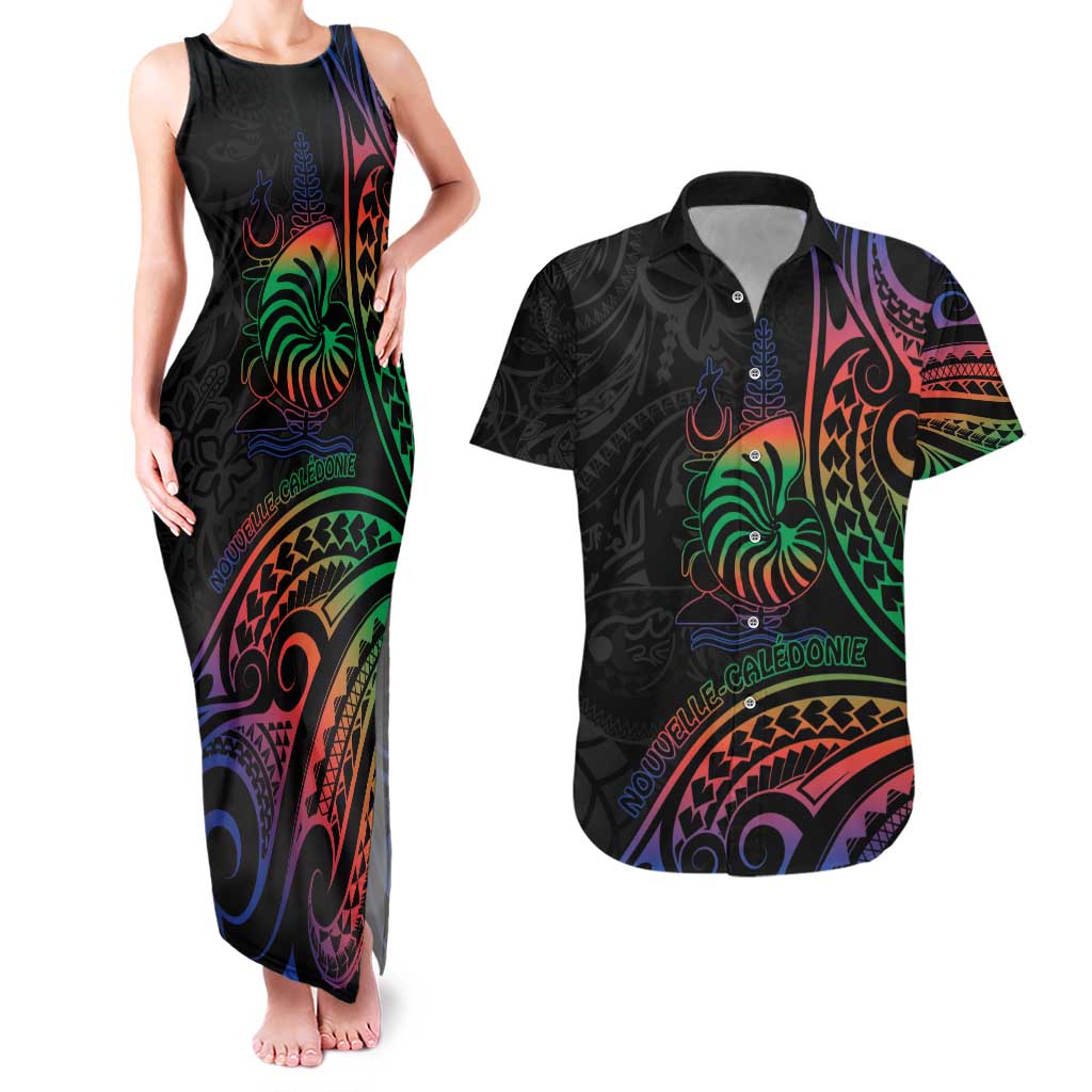 New Caledonia Polynesian Tatoo Personalised Couples Matching Tank Maxi Dress and Hawaiian Shirt LT9 Black - Polynesian Pride