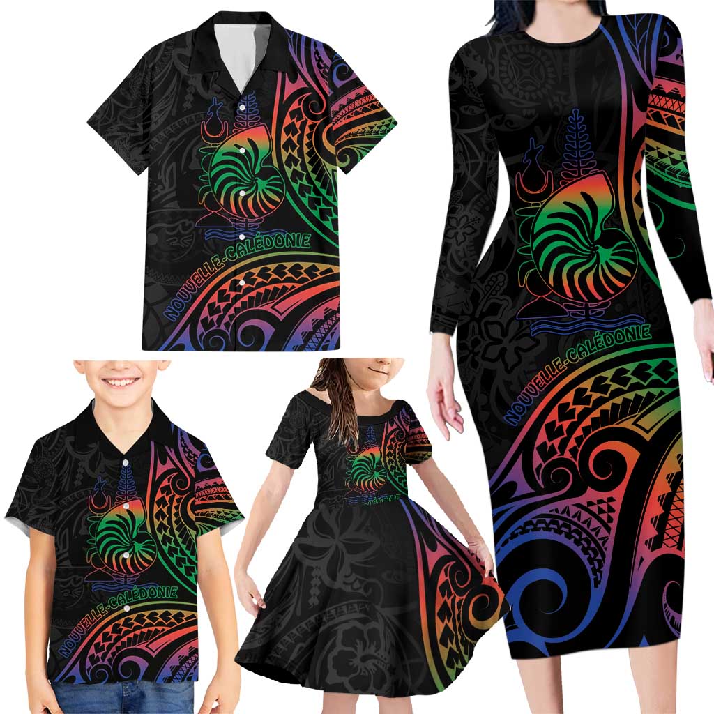 New Caledonia Polynesian Tatoo Personalised Family Matching Long Sleeve Bodycon Dress and Hawaiian Shirt LT9 - Polynesian Pride