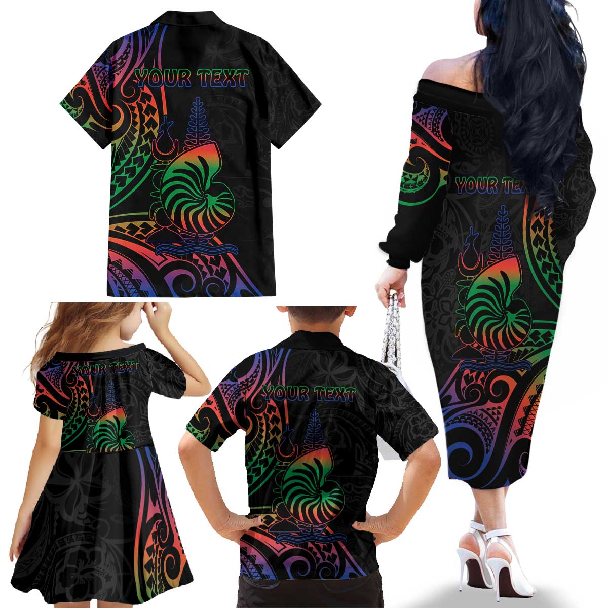 New Caledonia Polynesian Tatoo Personalised Family Matching Off The Shoulder Long Sleeve Dress and Hawaiian Shirt LT9 - Polynesian Pride