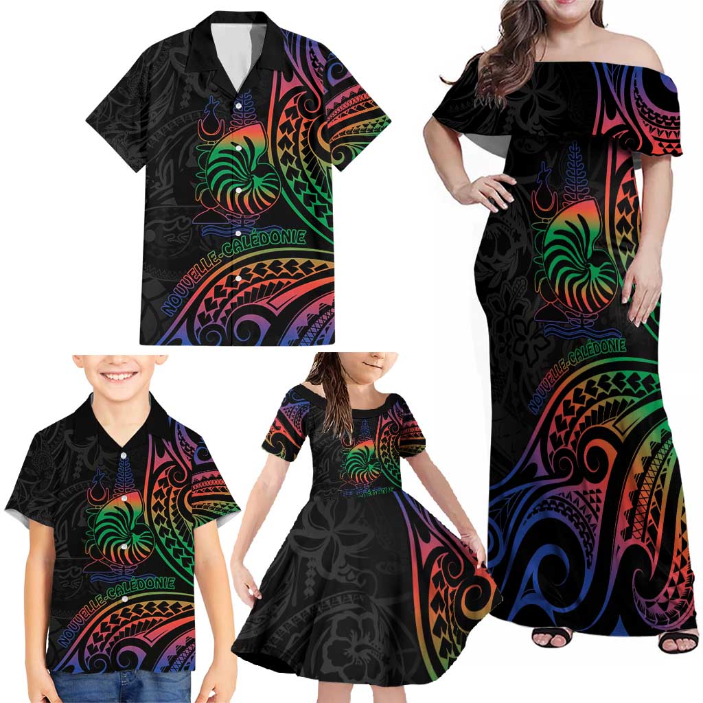 New Caledonia Polynesian Tatoo Personalised Family Matching Off Shoulder Maxi Dress and Hawaiian Shirt LT9 - Polynesian Pride