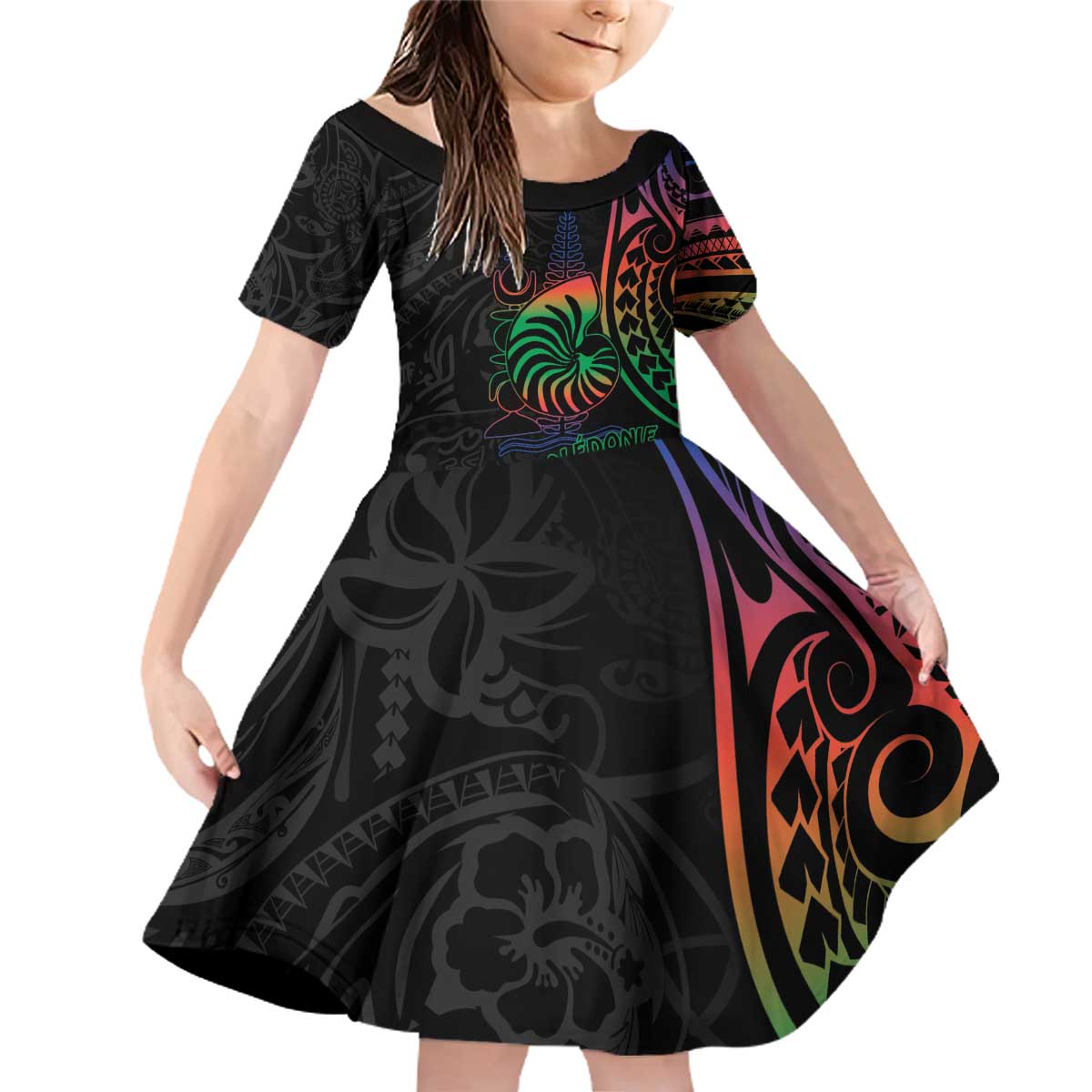 New Caledonia Polynesian Tatoo Personalised Family Matching Off Shoulder Short Dress and Hawaiian Shirt LT9 Daughter's Dress Black - Polynesian Pride