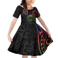 New Caledonia Polynesian Tatoo Personalised Family Matching Off Shoulder Short Dress and Hawaiian Shirt LT9 Daughter's Dress Black - Polynesian Pride
