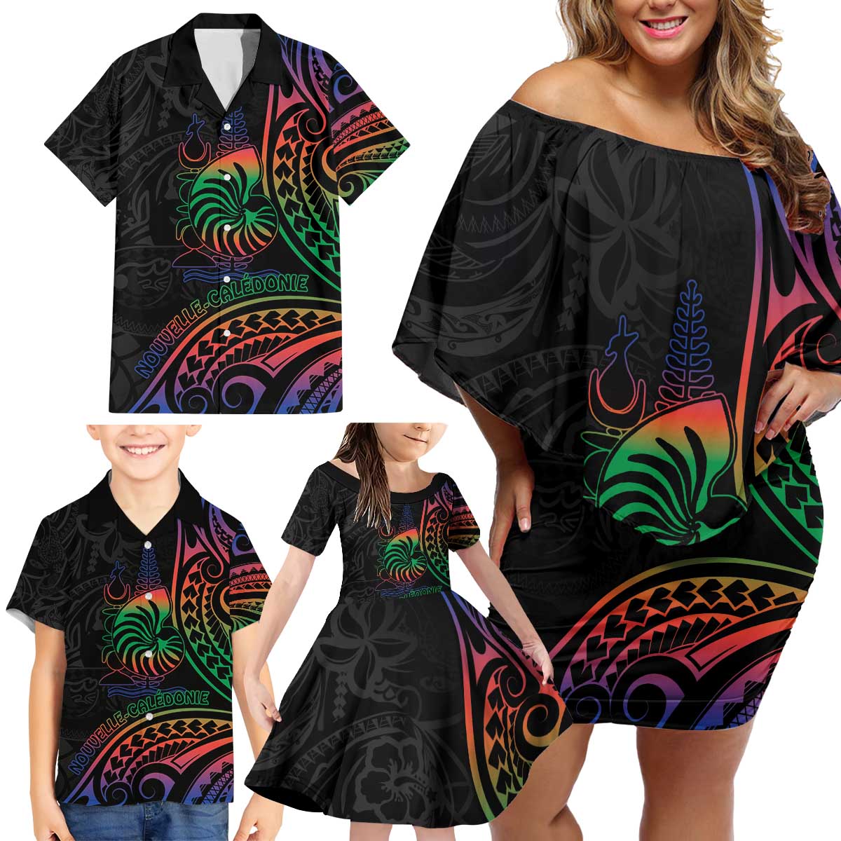 New Caledonia Polynesian Tatoo Personalised Family Matching Off Shoulder Short Dress and Hawaiian Shirt LT9 - Polynesian Pride