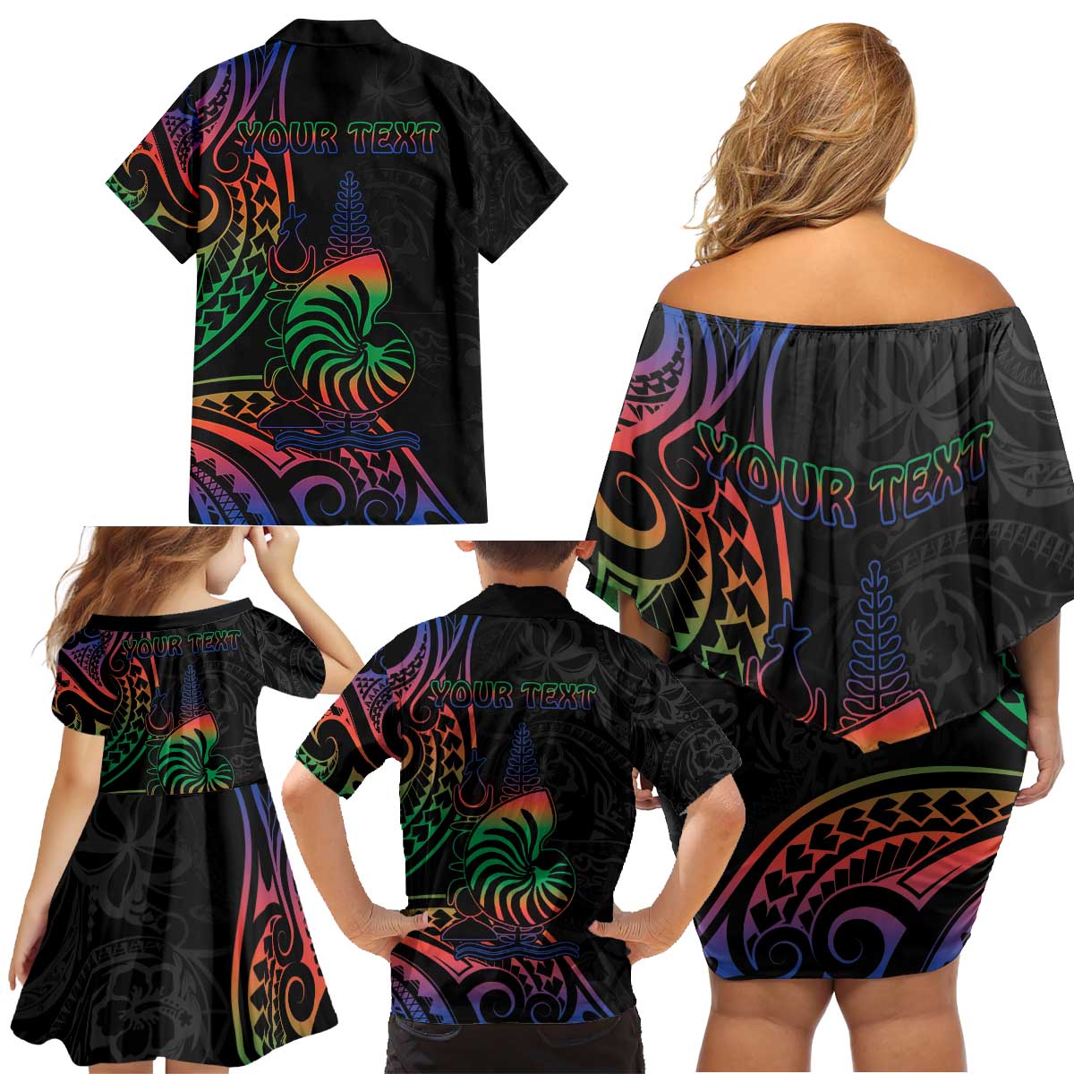 New Caledonia Polynesian Tatoo Personalised Family Matching Off Shoulder Short Dress and Hawaiian Shirt LT9 - Polynesian Pride