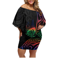 New Caledonia Polynesian Tatoo Personalised Family Matching Off Shoulder Short Dress and Hawaiian Shirt LT9 Mom's Dress Black - Polynesian Pride