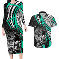 Personalised Polynesia Skull Couples Matching Long Sleeve Bodycon Dress and Hawaiian Shirt Tattoo In The Style Of Maori With Marine Life Aqua LT9 Aqua - Polynesian Pride