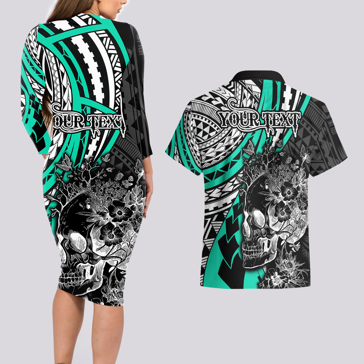 Personalised Polynesia Skull Couples Matching Long Sleeve Bodycon Dress and Hawaiian Shirt Tattoo In The Style Of Maori With Marine Life Aqua LT9 - Polynesian Pride