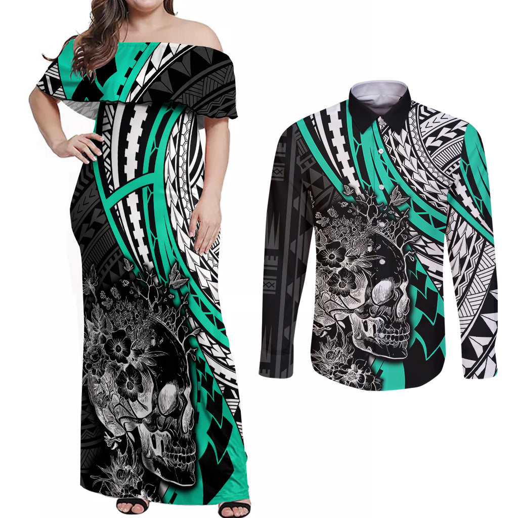 Personalised Polynesia Skull Couples Matching Off Shoulder Maxi Dress and Long Sleeve Button Shirts Tattoo In The Style Of Maori With Marine Life Aqua LT9 Aqua - Polynesian Pride