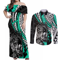 Personalised Polynesia Skull Couples Matching Off Shoulder Maxi Dress and Long Sleeve Button Shirts Tattoo In The Style Of Maori With Marine Life Aqua LT9 Aqua - Polynesian Pride