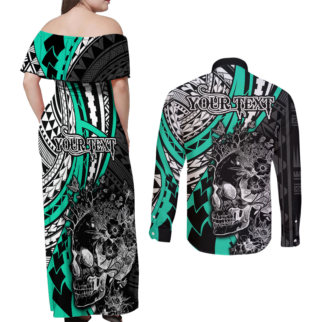 Personalised Polynesia Skull Couples Matching Off Shoulder Maxi Dress and Long Sleeve Button Shirts Tattoo In The Style Of Maori With Marine Life Aqua LT9 - Polynesian Pride