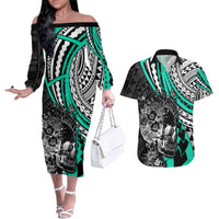 Personalised Polynesia Skull Couples Matching Off The Shoulder Long Sleeve Dress and Hawaiian Shirt Tattoo In The Style Of Maori With Marine Life Aqua LT9 Aqua - Polynesian Pride