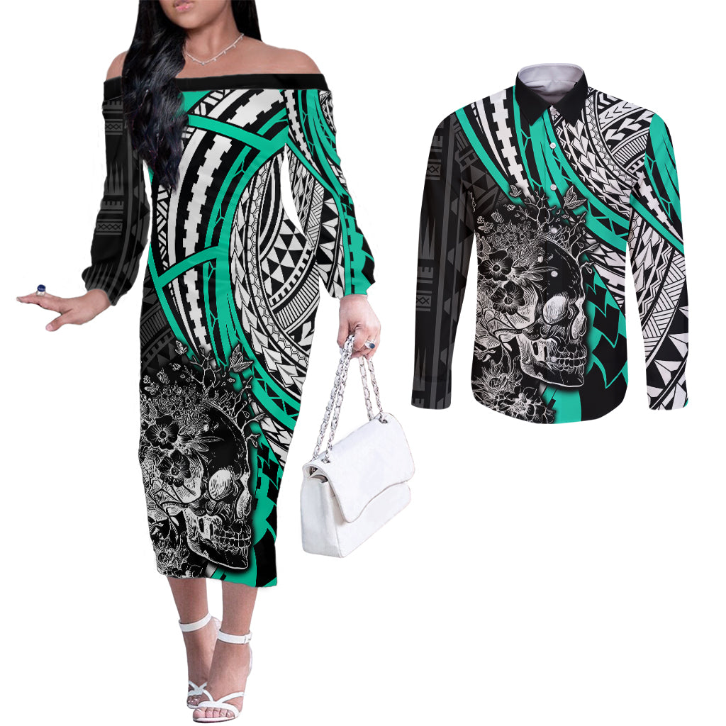 Personalised Polynesia Skull Couples Matching Off The Shoulder Long Sleeve Dress and Long Sleeve Button Shirts Tattoo In The Style Of Maori With Marine Life Aqua LT9 Aqua - Polynesian Pride