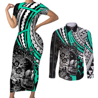 Personalised Polynesia Skull Couples Matching Short Sleeve Bodycon Dress and Long Sleeve Button Shirts Tattoo In The Style Of Maori With Marine Life Aqua LT9 Aqua - Polynesian Pride