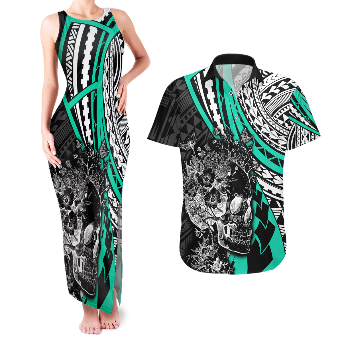 Personalised Polynesia Skull Couples Matching Tank Maxi Dress and Hawaiian Shirt Tattoo In The Style Of Maori With Marine Life Aqua LT9 Aqua - Polynesian Pride