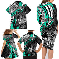 Personalised Polynesia Skull Family Matching Long Sleeve Bodycon Dress and Hawaiian Shirt Tattoo In The Style Of Maori With Marine Life Aqua LT9 - Polynesian Pride