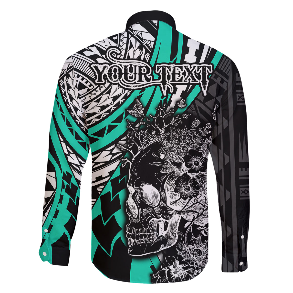 Personalised Polynesia Skull Family Matching Long Sleeve Bodycon Dress and Hawaiian Shirt Tattoo In The Style Of Maori With Marine Life Aqua LT9 - Polynesian Pride