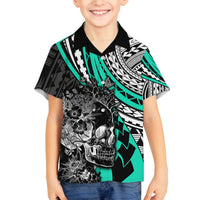 Personalised Polynesia Skull Family Matching Long Sleeve Bodycon Dress and Hawaiian Shirt Tattoo In The Style Of Maori With Marine Life Aqua LT9 Son's Shirt Aqua - Polynesian Pride