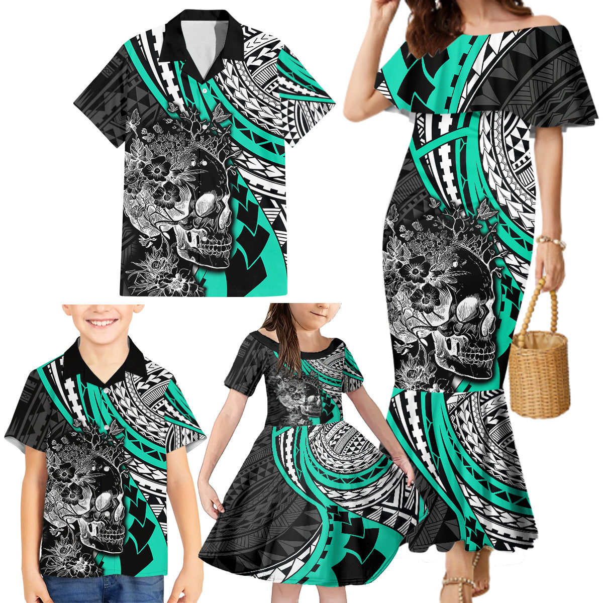 Personalised Polynesia Skull Family Matching Mermaid Dress and Hawaiian Shirt Tattoo In The Style Of Maori With Marine Life Aqua LT9 - Polynesian Pride