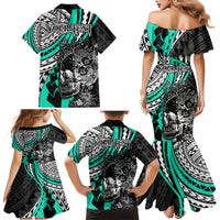 Personalised Polynesia Skull Family Matching Mermaid Dress and Hawaiian Shirt Tattoo In The Style Of Maori With Marine Life Aqua LT9 - Polynesian Pride