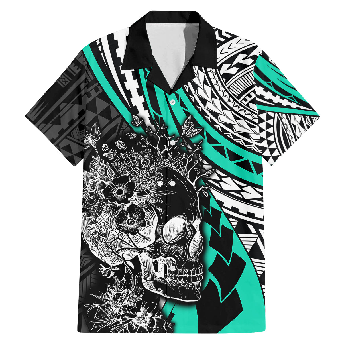 Personalised Polynesia Skull Family Matching Mermaid Dress and Hawaiian Shirt Tattoo In The Style Of Maori With Marine Life Aqua LT9 Dad's Shirt - Short Sleeve Aqua - Polynesian Pride