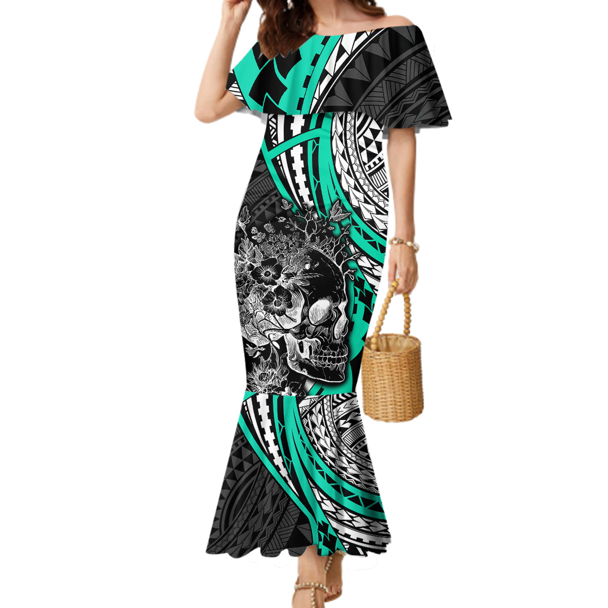 Personalised Polynesia Skull Family Matching Mermaid Dress and Hawaiian Shirt Tattoo In The Style Of Maori With Marine Life Aqua LT9 Mom's Dress Aqua - Polynesian Pride
