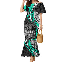 Personalised Polynesia Skull Family Matching Mermaid Dress and Hawaiian Shirt Tattoo In The Style Of Maori With Marine Life Aqua LT9 Mom's Dress Aqua - Polynesian Pride