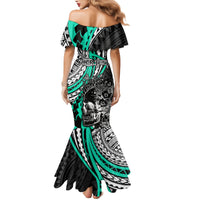 Personalised Polynesia Skull Family Matching Mermaid Dress and Hawaiian Shirt Tattoo In The Style Of Maori With Marine Life Aqua LT9 - Polynesian Pride
