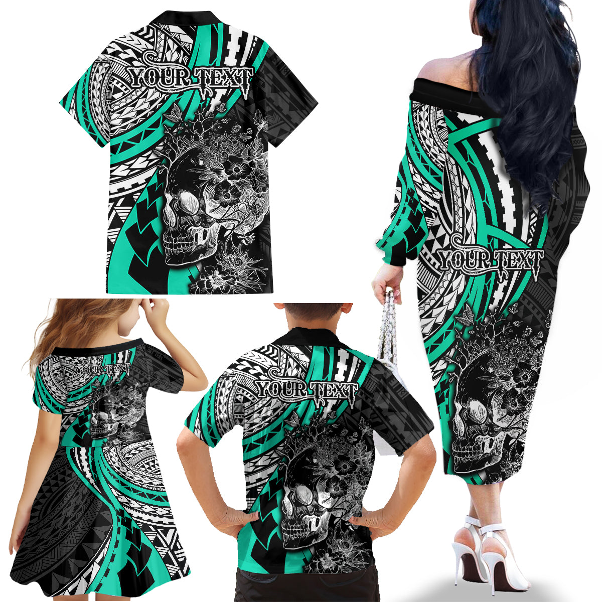 Personalised Polynesia Skull Family Matching Off Shoulder Long Sleeve Dress and Hawaiian Shirt Tattoo In The Style Of Maori With Marine Life Aqua LT9 - Polynesian Pride