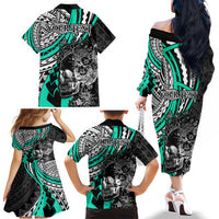 Personalised Polynesia Skull Family Matching Off Shoulder Long Sleeve Dress and Hawaiian Shirt Tattoo In The Style Of Maori With Marine Life Aqua LT9 - Polynesian Pride