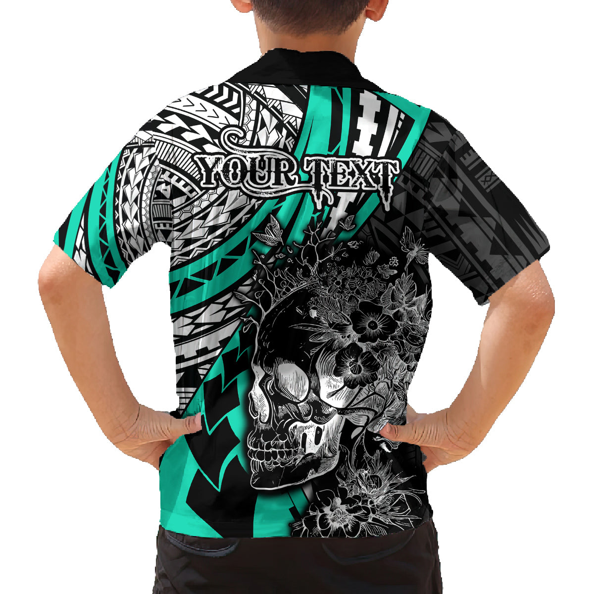 Personalised Polynesia Skull Family Matching Off Shoulder Maxi Dress and Hawaiian Shirt Tattoo In The Style Of Maori With Marine Life Aqua LT9 - Polynesian Pride